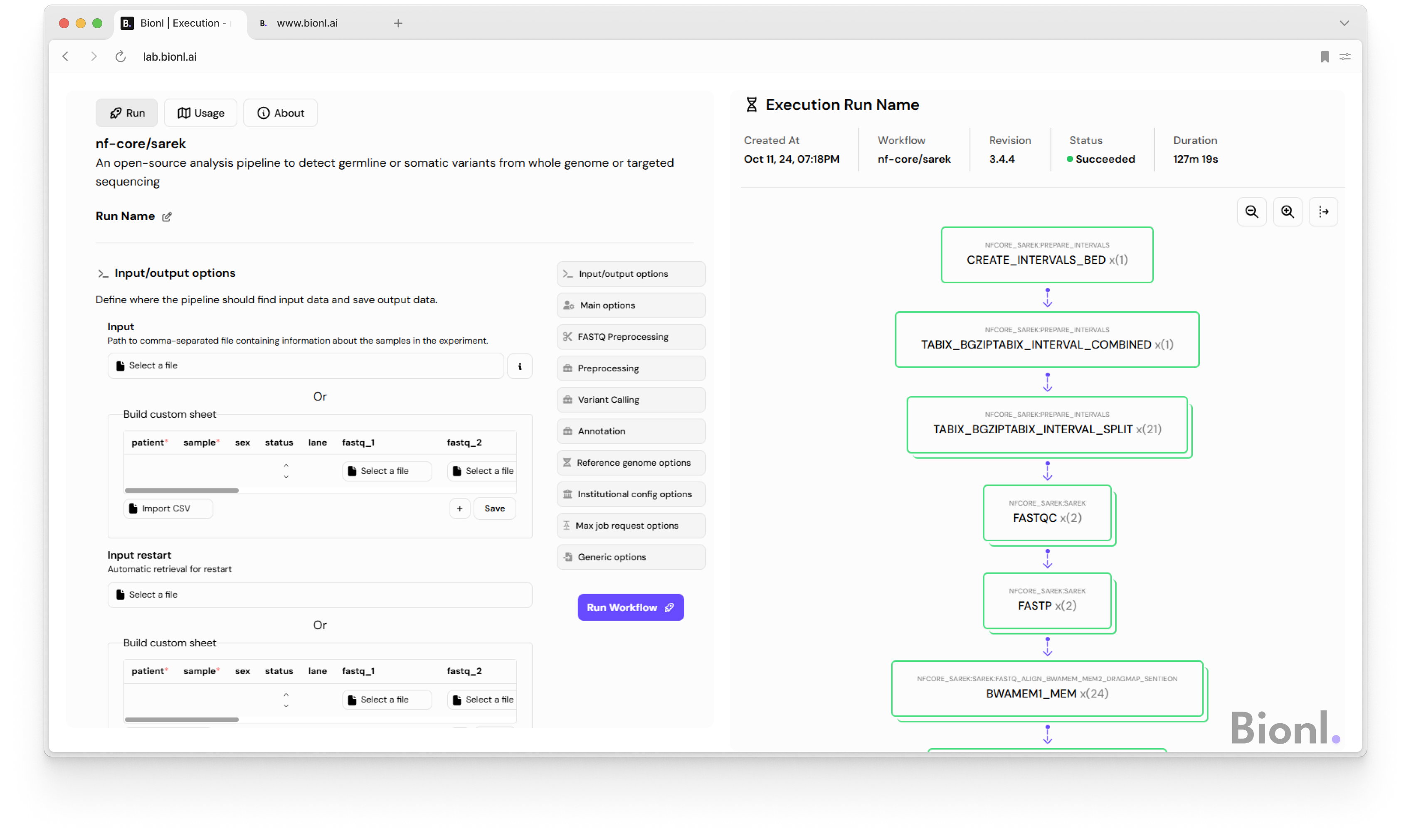 nf-core/sarek Workflow on Bionl Platform